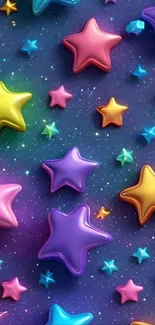 Vibrant mobile wallpaper with colorful 3D stars on a starry blue background.