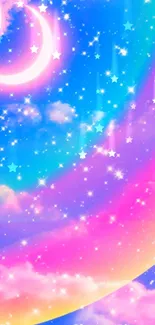 Colorful sky with crescent moon and stars wallpaper.