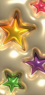 Mobile wallpaper with colorful stars on a shiny gold background.