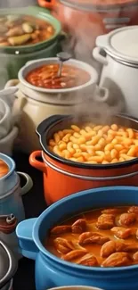 Steaming colorful pots filled with delicious food dishes.