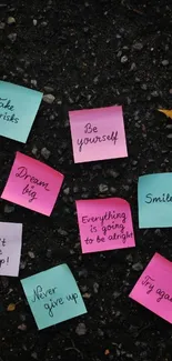 Colorful sticky notes and leaves on dark asphalt background.