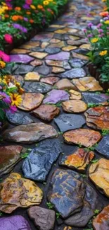 Colorful stone pathway with vibrant flowers on each side.