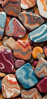 Colorful stones with swirling patterns in vibrant hues.
