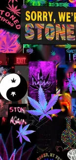 Psychedelic neon collage with cannabis leaves and text in vibrant colors.