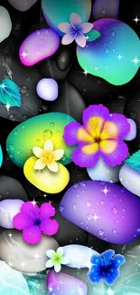 Colorful stones and flowers on a black background wallpaper.