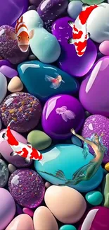 Colorful stones with koi fish and a mermaid create an artistic wallpaper.