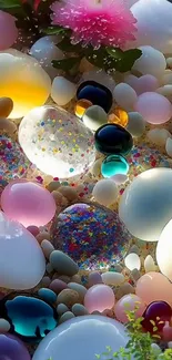 Colorful stones and pebbles forming artistic design.