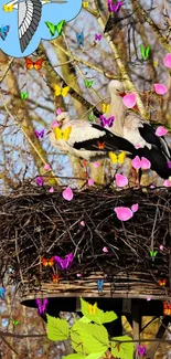 Stork nest with butterflies and blossoms on a bright spring day.