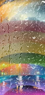 Colorful stormy night wallpaper with rainbow and water reflections.