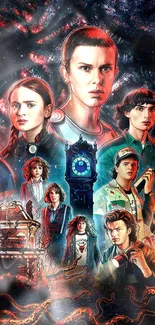 Stranger Things colorful cast artwork wallpaper.