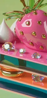 3D strawberry with gems and pastel colors wallpaper.
