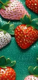 Artistic strawberry pattern on a green background.