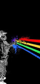 Graffiti artist paints colorful lines on a black background.