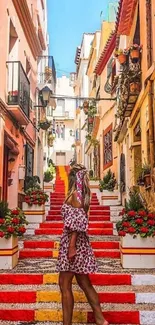 Vibrant street scene with red stairs and colorful buildings.