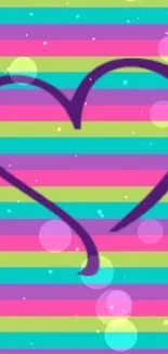 Colorful striped wallpaper with a purple heart.