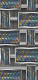 Vibrant, rainbow-striped TV screen pattern on shelves.