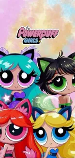 Vibrant Powerpuff Girls wallpaper with colorful hairstyles.