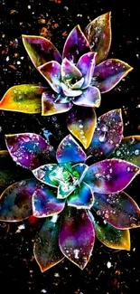 Vibrant colored succulents on dark background.