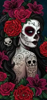 Colorful sugar skull and roses artwork wallpaper.