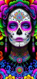 Colorful Day of the Dead sugar skull with neon floral patterns.