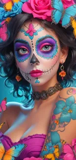 Vibrant sugar skull woman with butterflies and floral face paint.