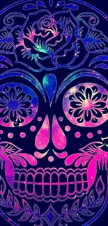 Colorful sugar skull design with floral patterns on a dark background.