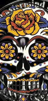 Colorful floral sugar skull on black background.