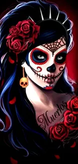 Sugar skull woman with roses and black background.