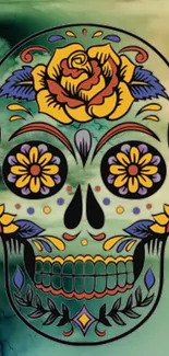 Colorful sugar skull with floral design on a teal background.