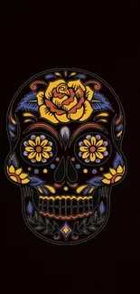 Colorful sugar skull with floral patterns on a black background.