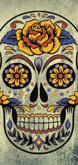 Colorful sugar skull with floral patterns on a beige background.