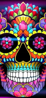 Colorful sugar skull with intricate, vibrant patterns on black background.