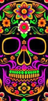 Colorful sugar skull with floral patterns on black background.