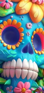 Colorful sugar skull with vibrant floral patterns.