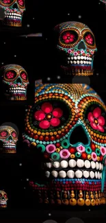 Vibrant sugar skull with colorful beads on black background.