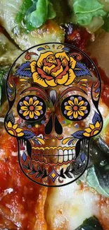 Colorful sugar skull on vibrant background.