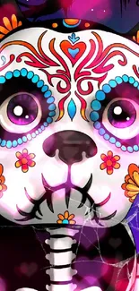 Vibrant sugar skull dog with floral designs on a purple background.