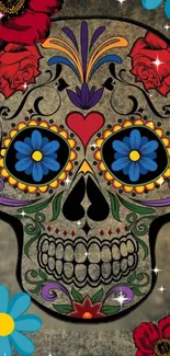 Colorful sugar skull with floral patterns and vibrant colors.