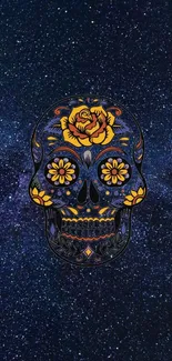 Intricate sugar skull on a starry background.