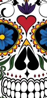 Vibrant sugar skull wallpaper with colorful floral design.