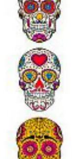 Colorful sugar skull design with vibrant patterns on a white background.