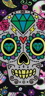 Colorful sugar skull wallpaper with vibrant designs.