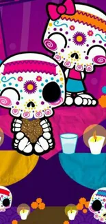 Colorful sugar skulls mobile wallpaper with festive Day of the Dead theme.