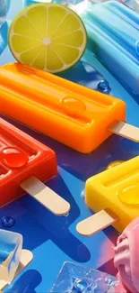 Colorful popsicles with a blue background, perfect for summer.