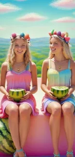 Two women in rainbow dresses with watermelon crowns on a colorful summer background.