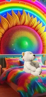 Vibrant sunflower and rainbow wallpaper with plush bear and colorful bed set.