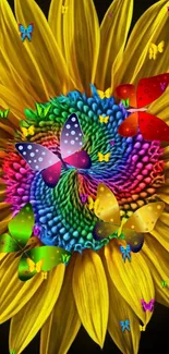 Colorful sunflower with vibrant butterflies on a mobile wallpaper.