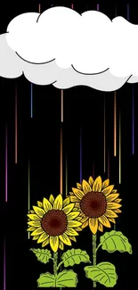 Vibrant sunflower and cloud design with colorful streaks on a phone wallpaper.