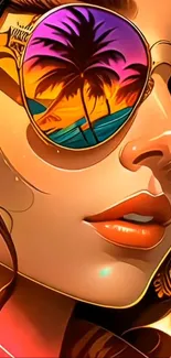 Illustration of trendy sunglasses reflecting a tropical beach scene with palm trees.