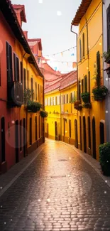 Colorful alleyway with sunlit path in warm, vibrant hues.